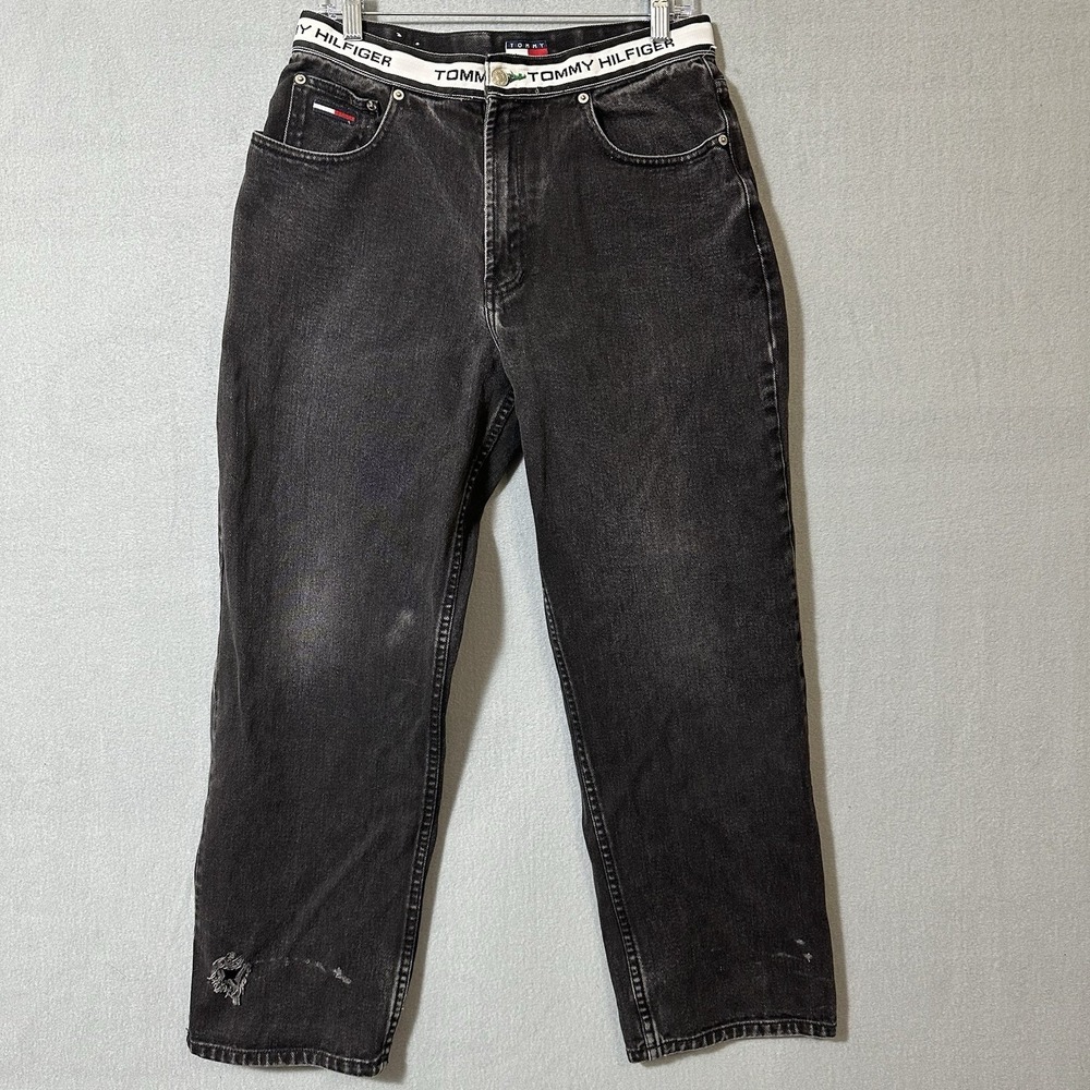 Vtg Y2K Tommy Hilfiger Jeans 30x28 Faded Black Waistband Spellout Distressed